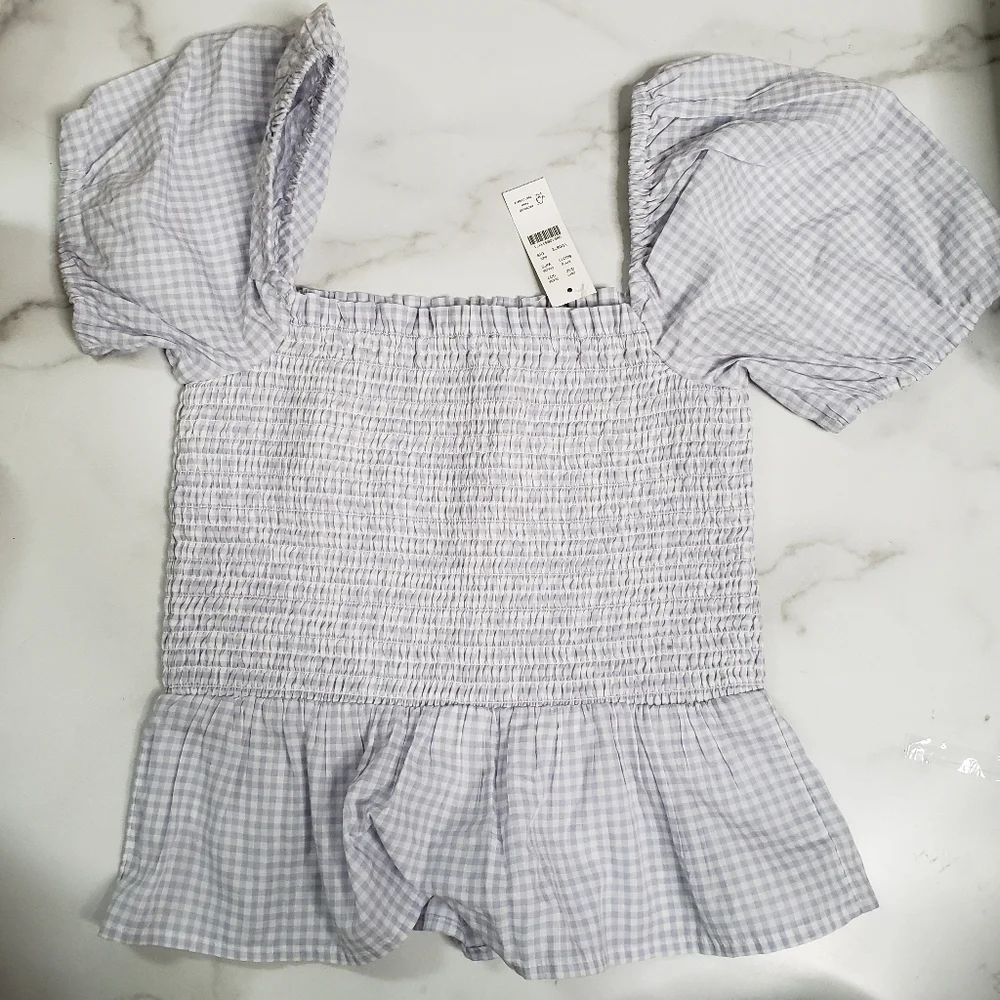 Jcrew Squareneck smocked cotton voile top in gingham Size XXS Blue White